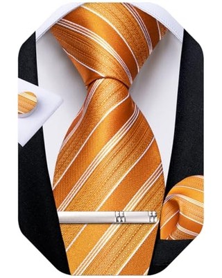  Mens Tie Silk Plaid Striped Necktie and Pocket Square Gradient Orange