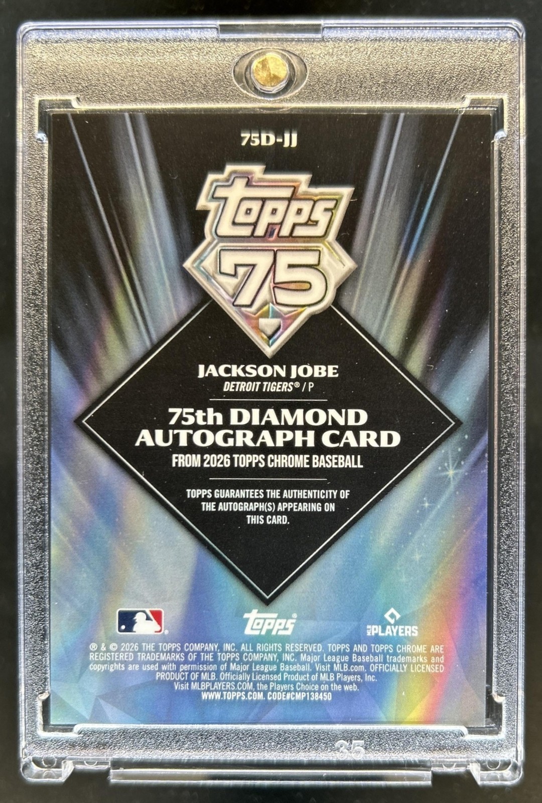 2026 Topps Chrome Jackson Jobe 75th Diamond Auto Gold Refractor SP #/50 Tigers view 2