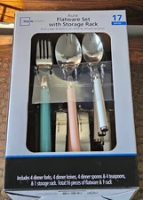 Mainstays 17 Piece Aura Flatware Set/ Storage Rack Multicolor, Service for 4 New