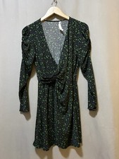 NWOT MANGO Women Ruched Sleeve Jersey Faux Wrap Dress Size XS Black/Green Floral