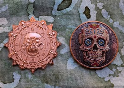 #ad 2 pc 1 oz .999 Copper Art Round set. Aztec Medal and Mexican Sugar Skull $14.95