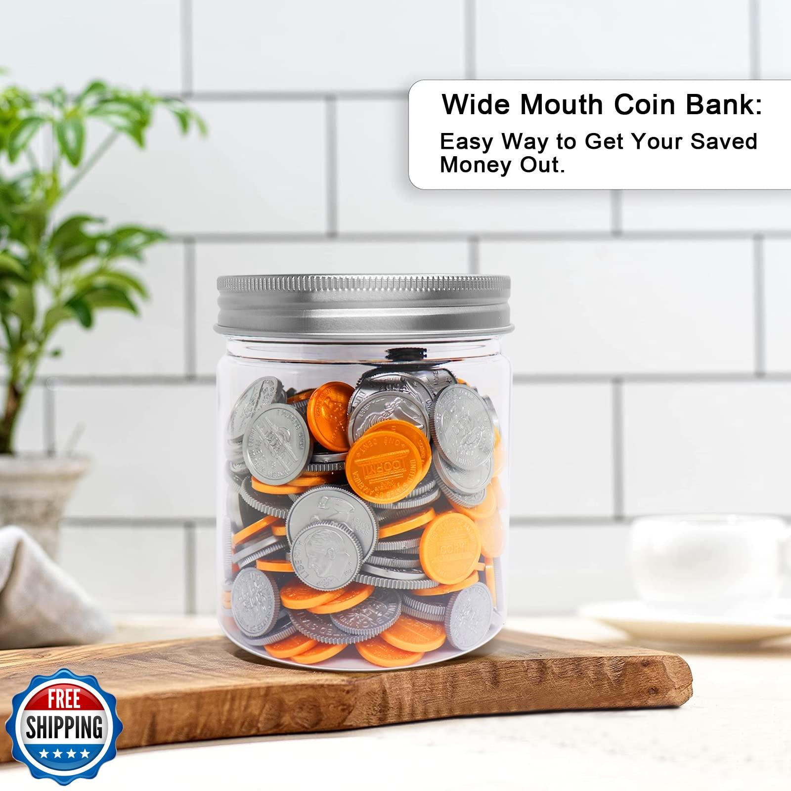 Mczxon Small Coin Bank Jars 4-Pack, 16oz Clear Plastic Coin Money Tip Coin Ja