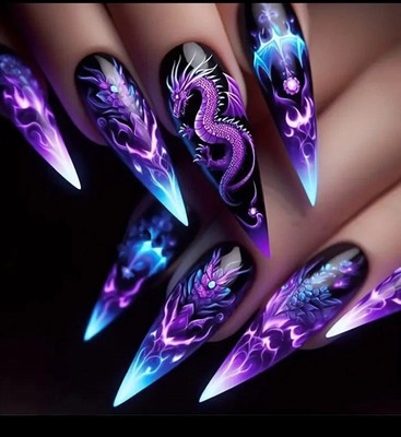24 Pc DRAGON Purple Blue Xtra Long Stiletto Press On Nails Glue And Tabs Incl