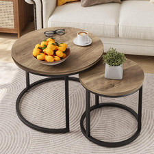 Nesting Coffee Table Set of 2, Round Wood Grain Top, Adjustable Feet