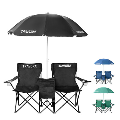 2er Campingstuhl Partner Anglerstuhl Set Doppelsitzer + Sonnenschirm u. Kühlfach