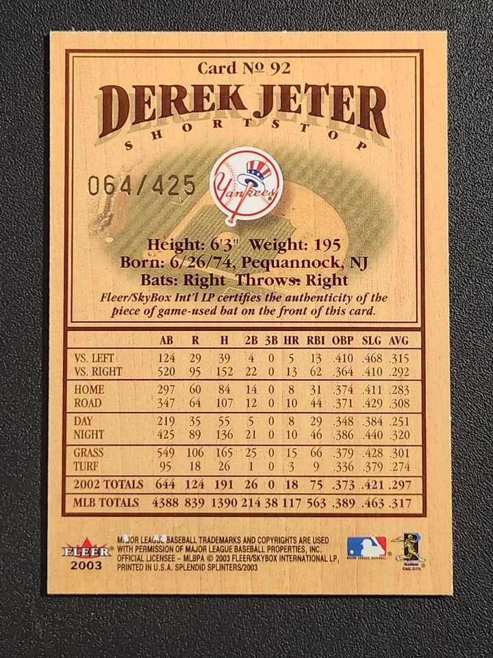 2003 Fleer Splendid Splinters DEREK JETER Game Used Bat #92...#64/425...YANKEES - Image 2 of 2
