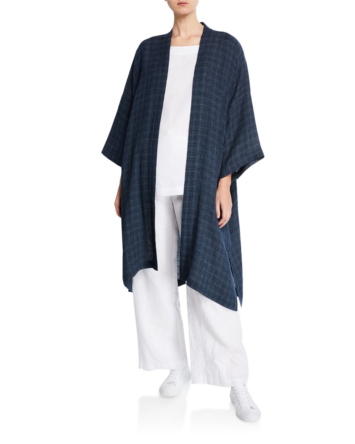 NWT Eskandar Size (1) DARK NAVY W/WHITE GRID WEAVE Linen 44" Long Kimono Jacket image 2