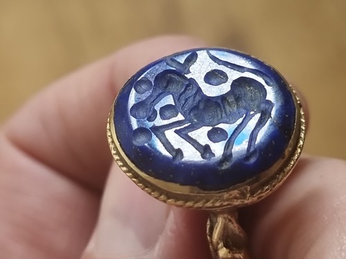 Near Eastern 18/19 hundreds coloured metal huge ring stunning blue bezel. LA147z