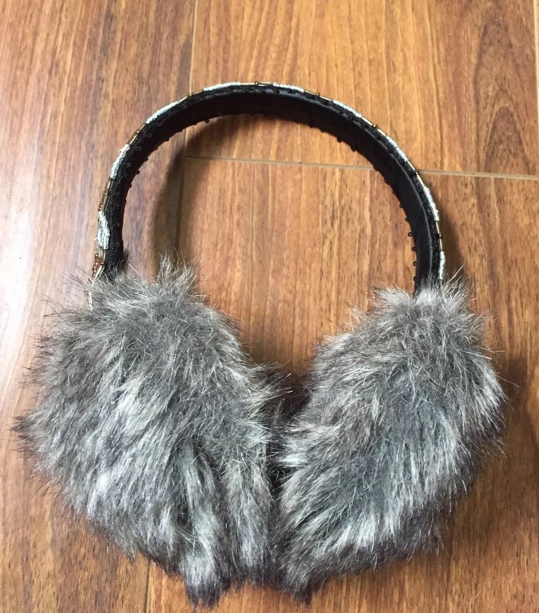 Anthropologie Pretty Beaded Headband Faux Fur Earmuffs Cute 