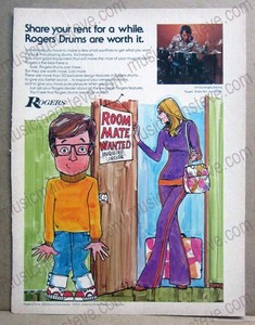 1970s ROGERS DRUM color print ad - "Share Your Rent..Rogers Drums are worth it"