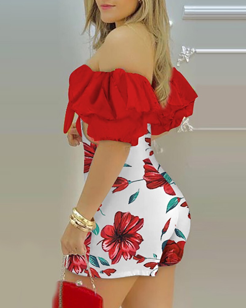 Women Romper Floral Print Lantern Sleeve Off Shoulder Puff Tie Bodycon Shorts Us-image