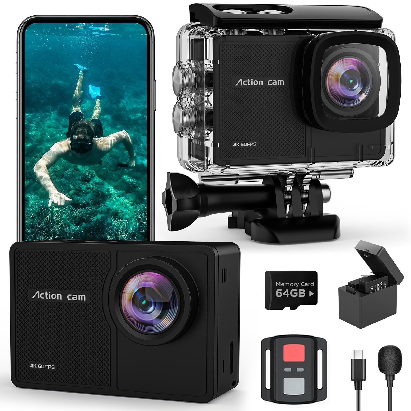 4K 60FPS Action Camara - Waterproof Camera with 64G SD Card 48MP HD WIFI Came...