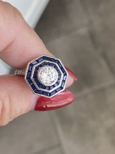 Sterling Silver Art Deco Style Blue 7 White Cubic Zirconia Ring