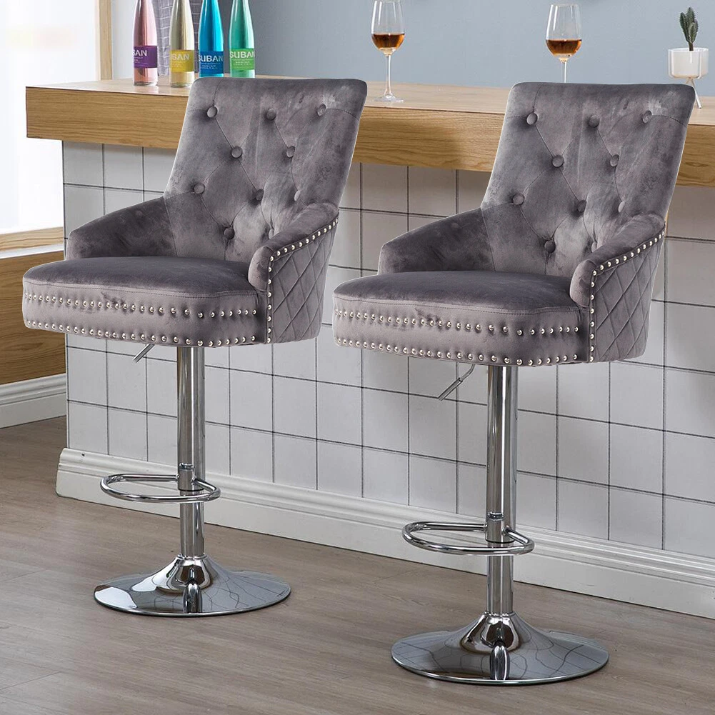 Adjustable Breakfast Grey Velvet Lion Knocker Bar Stool Wit Chrome Base Quilted