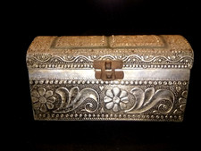 Antique Indian Wooden Jewelry Box With Aluminum emboss Outer Design Collectible