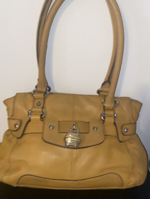 B. Makowsky Mustard Heavy Lock Front Genuine Leather Tote Bag w Gold Hardware