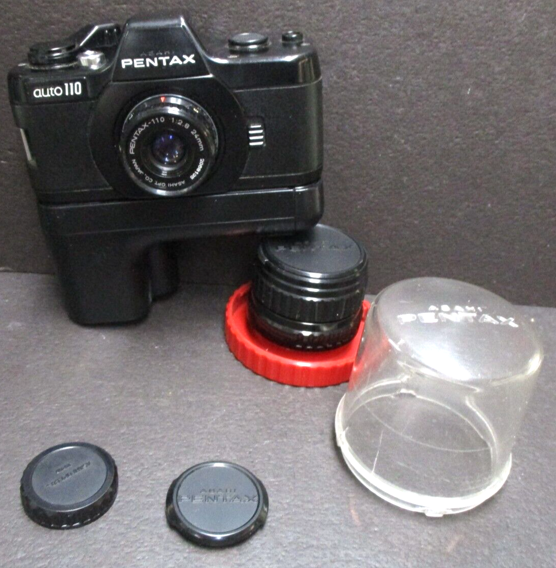 Pentax Auto 110 SLR camera & 24mm f2.8 & 50mm f2.8 lens & winder