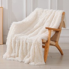 Faux Fur Throw Blanket 50x60 Long Hair Shaggy Reversible Cream White