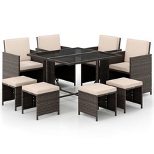 9 Piece Patio Dining Set with Tempered Glass Table and Ottoman-Beige - Color: Be