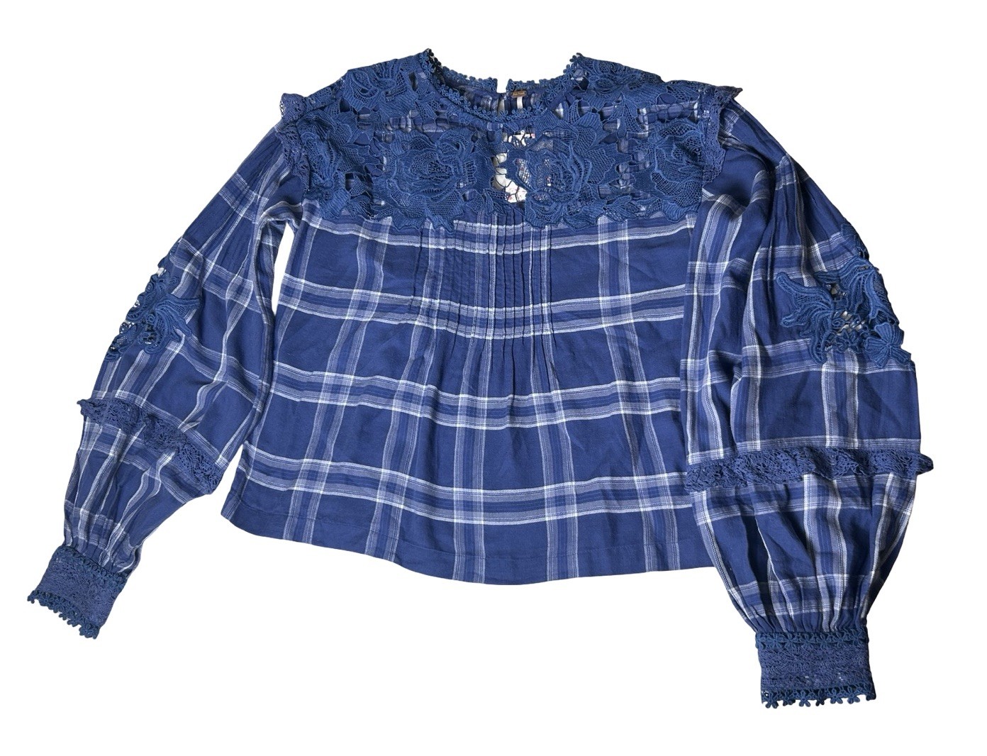 NWT $128 Free People Ballon Sleeve Shirt Size Small Plaid Floral Lace Blue Boho
