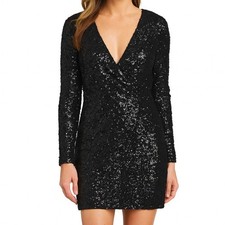 Venus Sequin Mini Dress Black Long Sleeve V Neck Party Cocktail Women Size Small