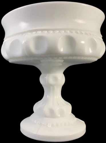 Vintage Milk Glass Compote Dish Pedestal Kings Crown Thumbprint Indiana Glass