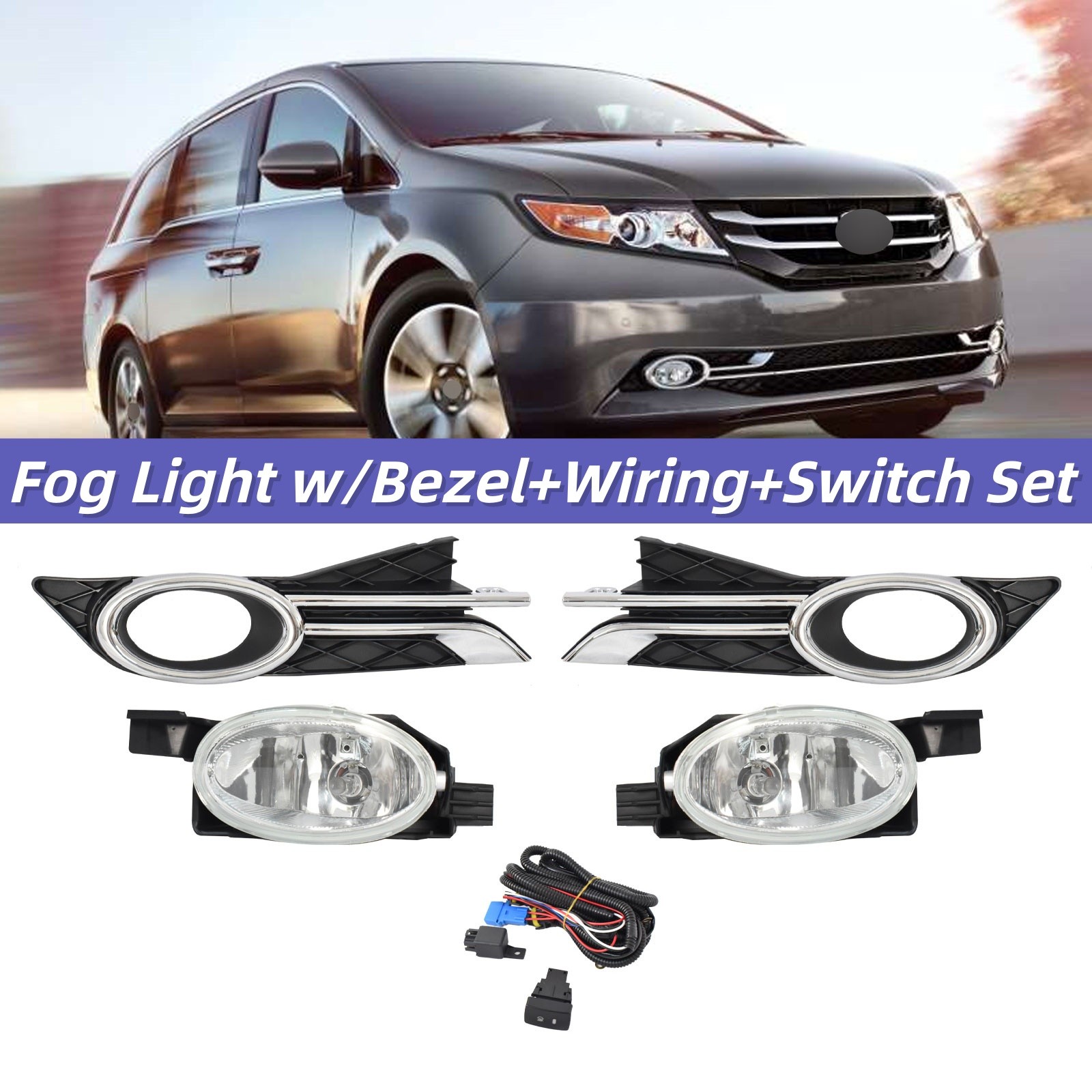 Front Fog Light w/Bezel+Wiring+Switch Set For 2014-2017 Honda Odyssey Left&Right