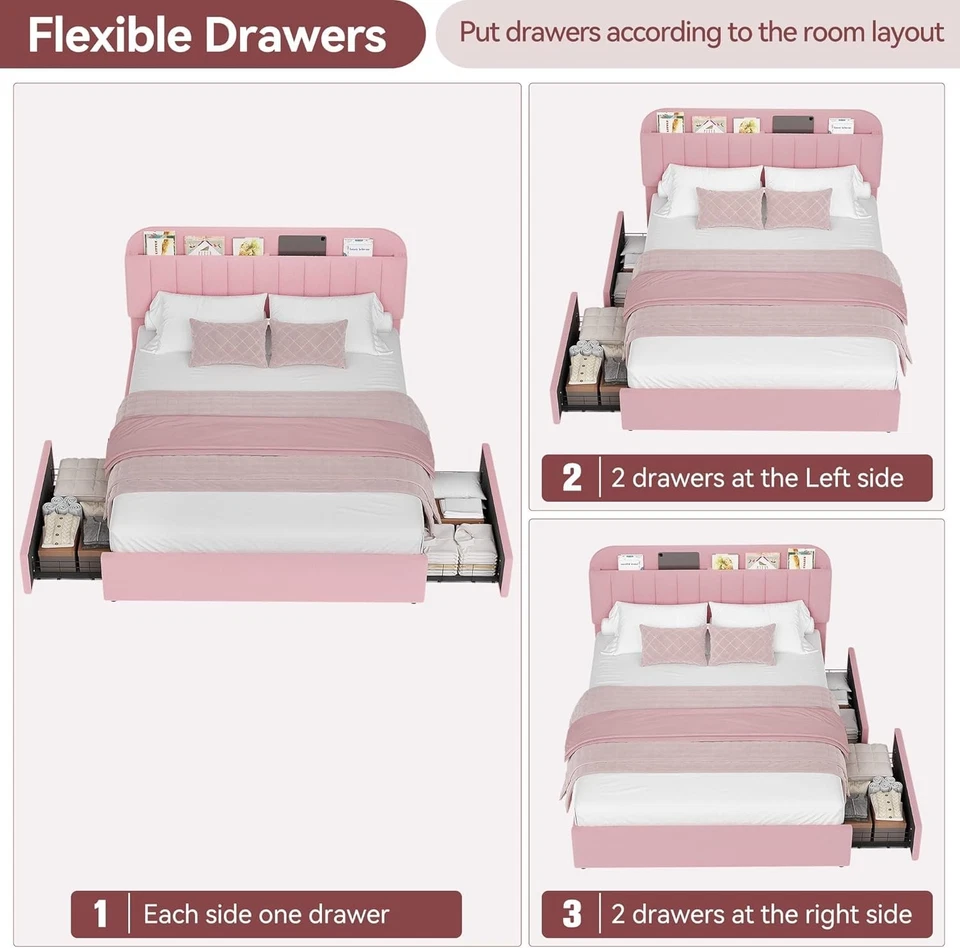 Marco de cama tamaño queen con cabecero de almacenamiento, plataforma tapizada cama con cajones Foto 4 de 4