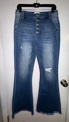 KanCan Distressed Button-Fly Hi-Rise Flare Leg Jeans Size 11/29 Frayed Hem EUC