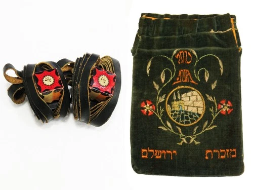 Pair of Antique tefillin TEFILLIN & embroidered velvet Bag Jerusalem 1960s