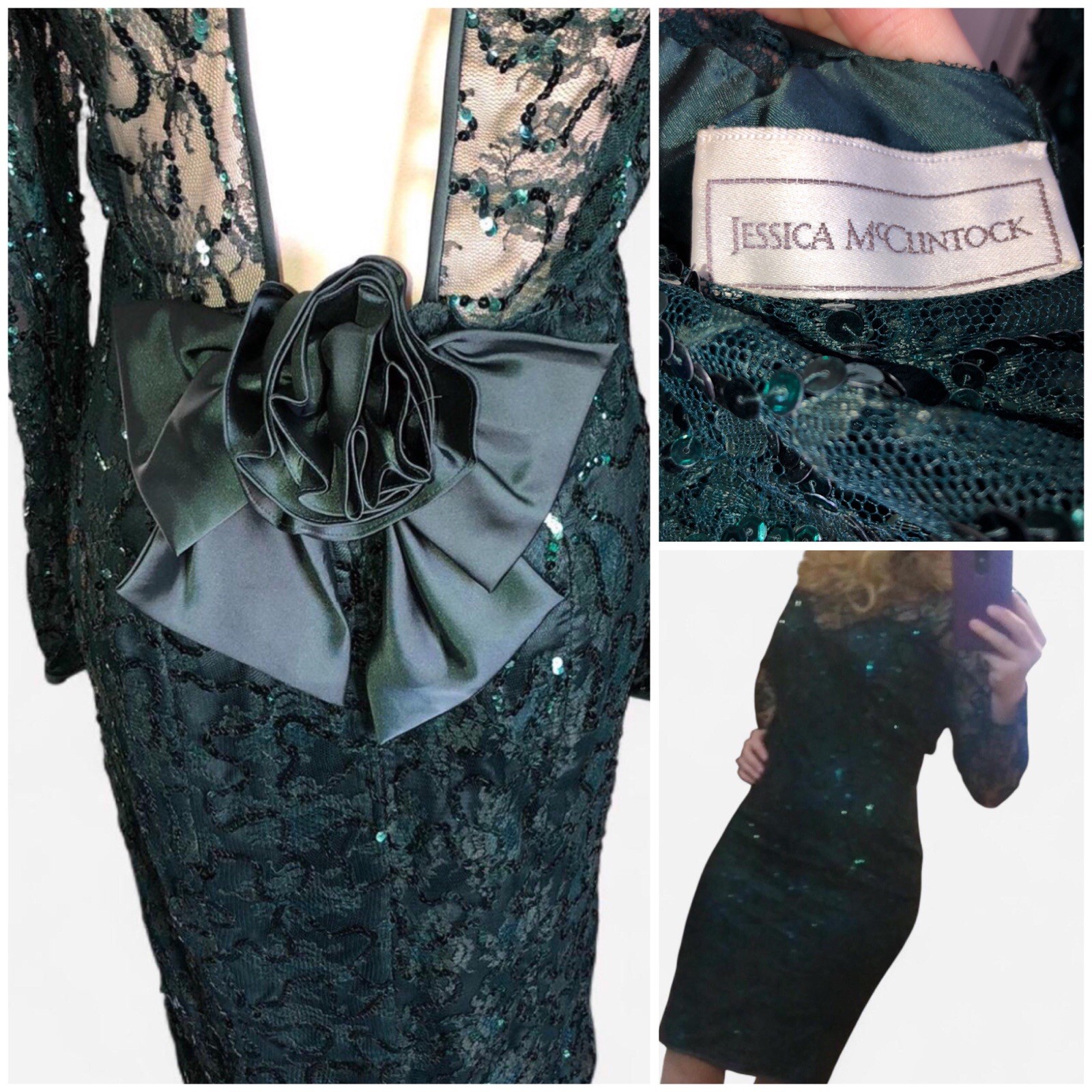 JESSICA MCCLINTOCK STUNNING VINTAGE LACE SEQUIN DRESS OPEN BACK BOW SIZE 6