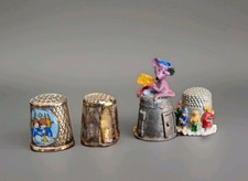 4 VINTAGE METAL & PAINTED PEWTER  THIMBLES, MOUSE, WINTER SCENE, ETC