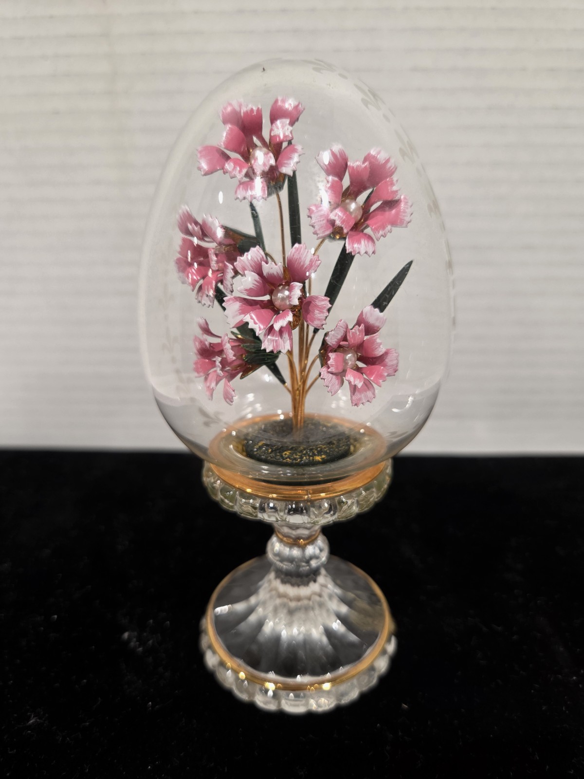 Vintage Franklin Mint Crystal Egg Pink Flower Gold Trim Etched Glass