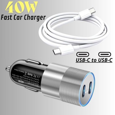 PD 40W Dual USB-C Fast Car Charger Plug Type C Cable For iPhone 15 16 17 Android
