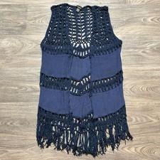 Open Knit Crochet Fringe Vest Medium Boho Festival Bohemian Navy Blue Y2K