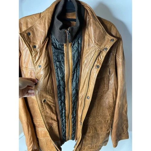 Carbon2Cobalt Men's Large Leather Bomber Jacket Brown Double Zip Up Mock image 6