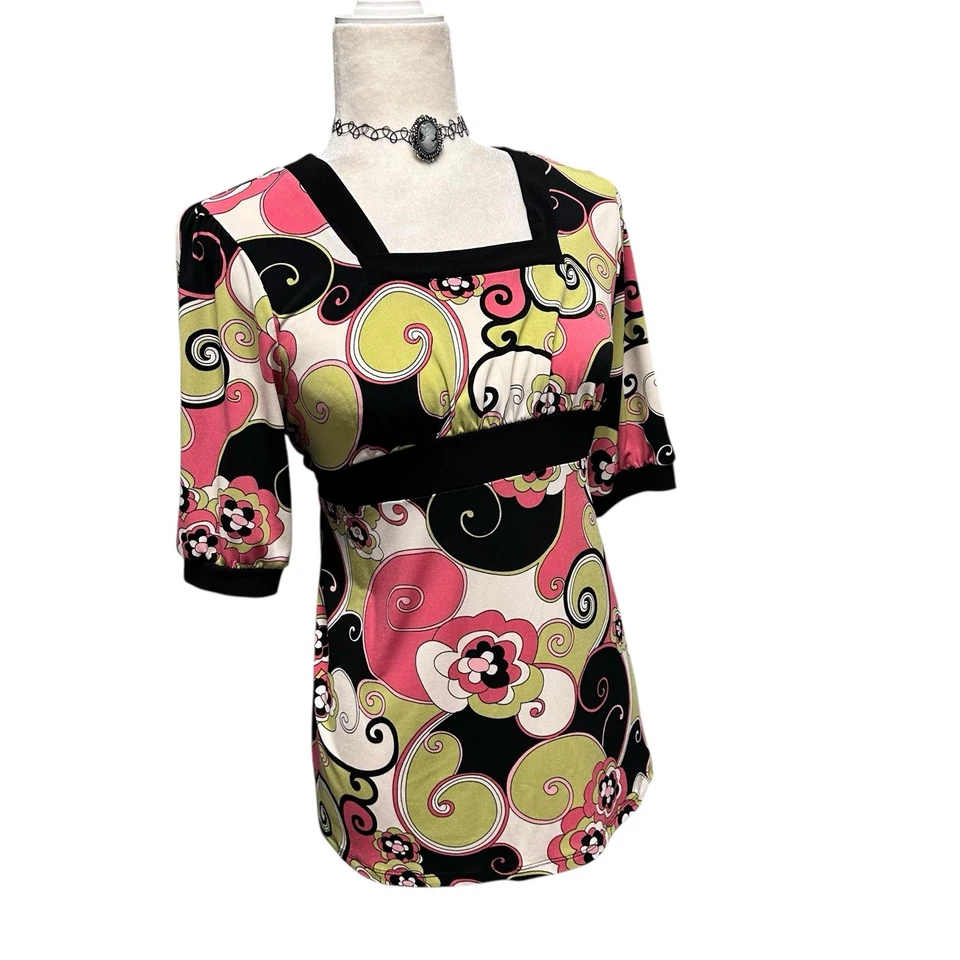 Boneca bebê vintage Y2K feminina tamanho 14-16 psicodélica retrô gola quadrada manga curta - Imagem 2 de 4