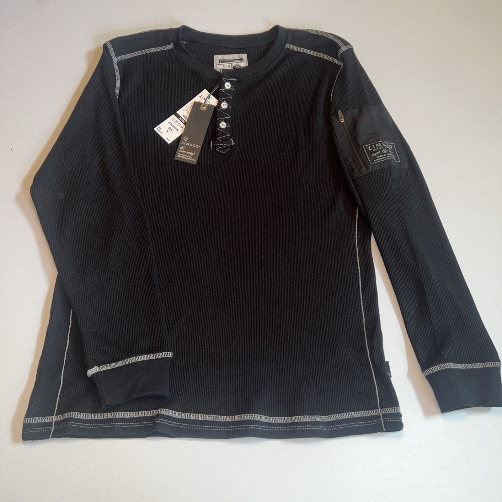 ZIMEGO Men’s Long Sleeve Thermal Henley Shirt 3 Button Black Casual Top M