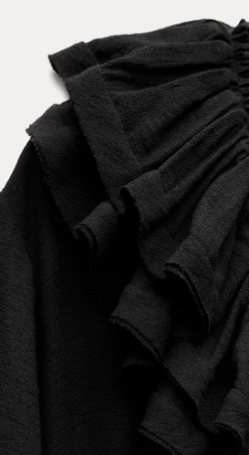 Zara Black Ruffled Long Sleeves Belted Midi Dress Size L RRP £59.99 - Picture 3 of 8