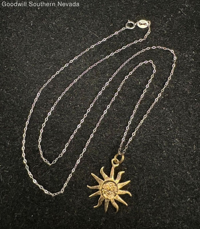 19" Sterling Silver Chain Silver (Gold Plated) Happy Sun Pendant Necklace