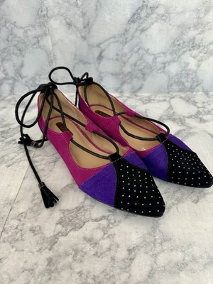 Mark. Purple Pink Black Pointed Toe Flats Suede Strappy Tassels Sz 7 Studs 80's