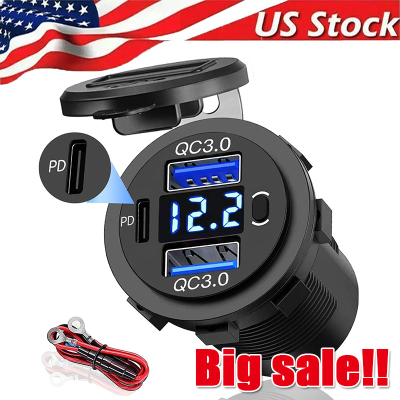 12V-24V PD+QC3.0 Dual USB Car Fast Charger Power Socket Outlet LED Voltmeter LOT