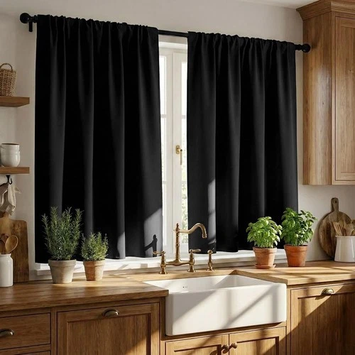 Blackout Kitchen Curtains 42" W x 36" L Black Short Cafe Panels for Inch Windows
