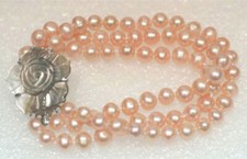 Image of 3 Rows 7-8mm Genuine Natural Pink Pearl Bracelet 8" Shell Flower Clasp