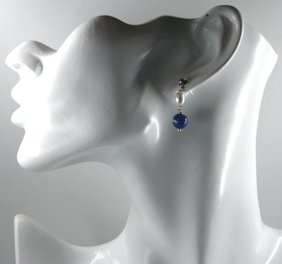 Pendientes colgantes oro blanco 18k con esferas redondas de cianita azul de 8mm perlas ovaladas Foto 2 de 4