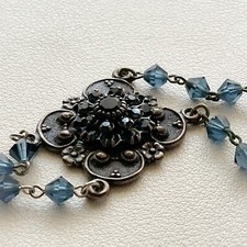 Vintage Blue Crystal Rhinestone Dark Metal Victorian Style Necklace