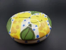 Ceramic trinket box, signed Lynn Morris, Yellow Giraffe Animal Blue Dots