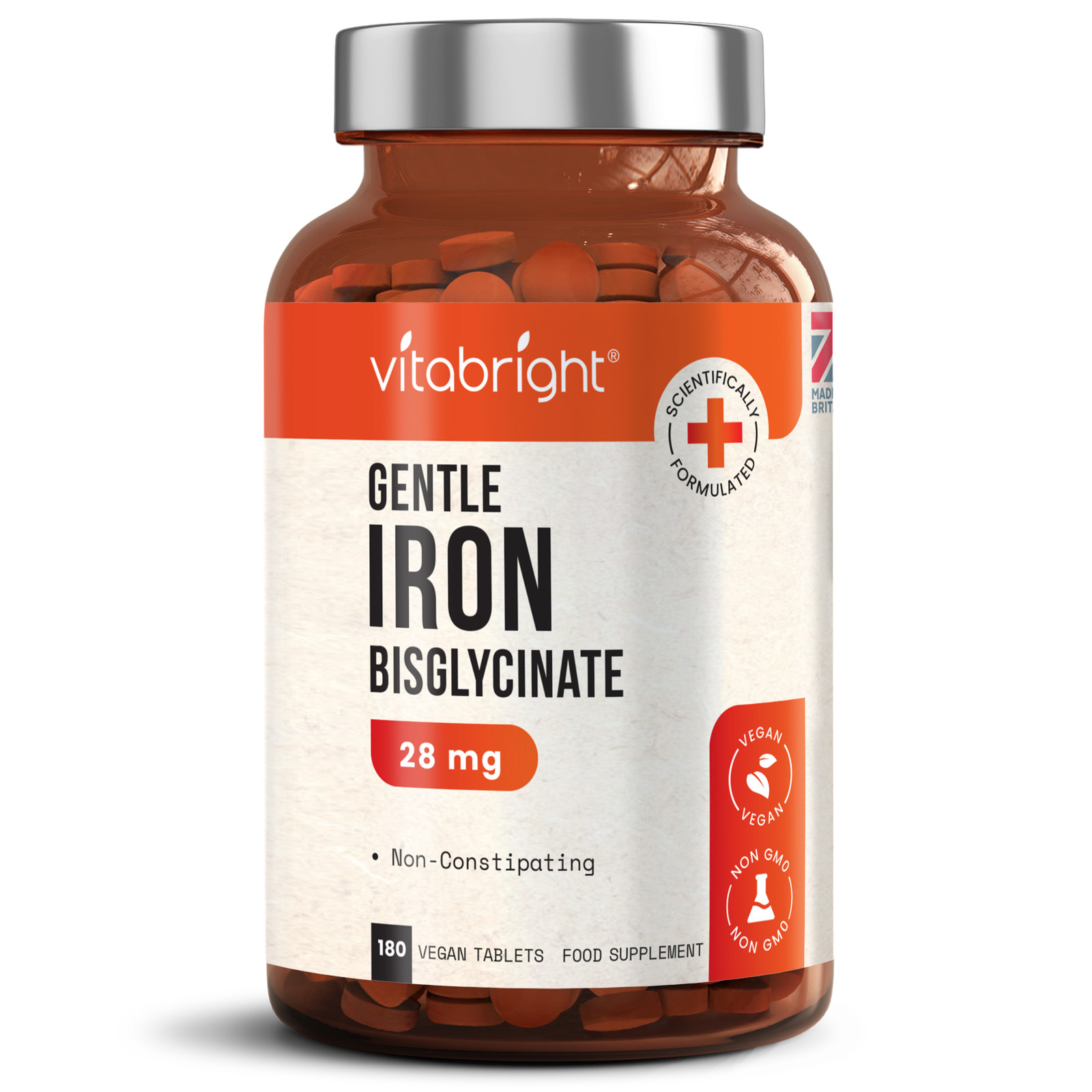 Iron Tablets High Strength, 28mg - Gentle Iron Bisglycinate - 180 Vegan Tablets