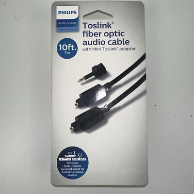 Philips 10' Toslink Digital Fiber Optic Cable with Mini Adapter - Black - New