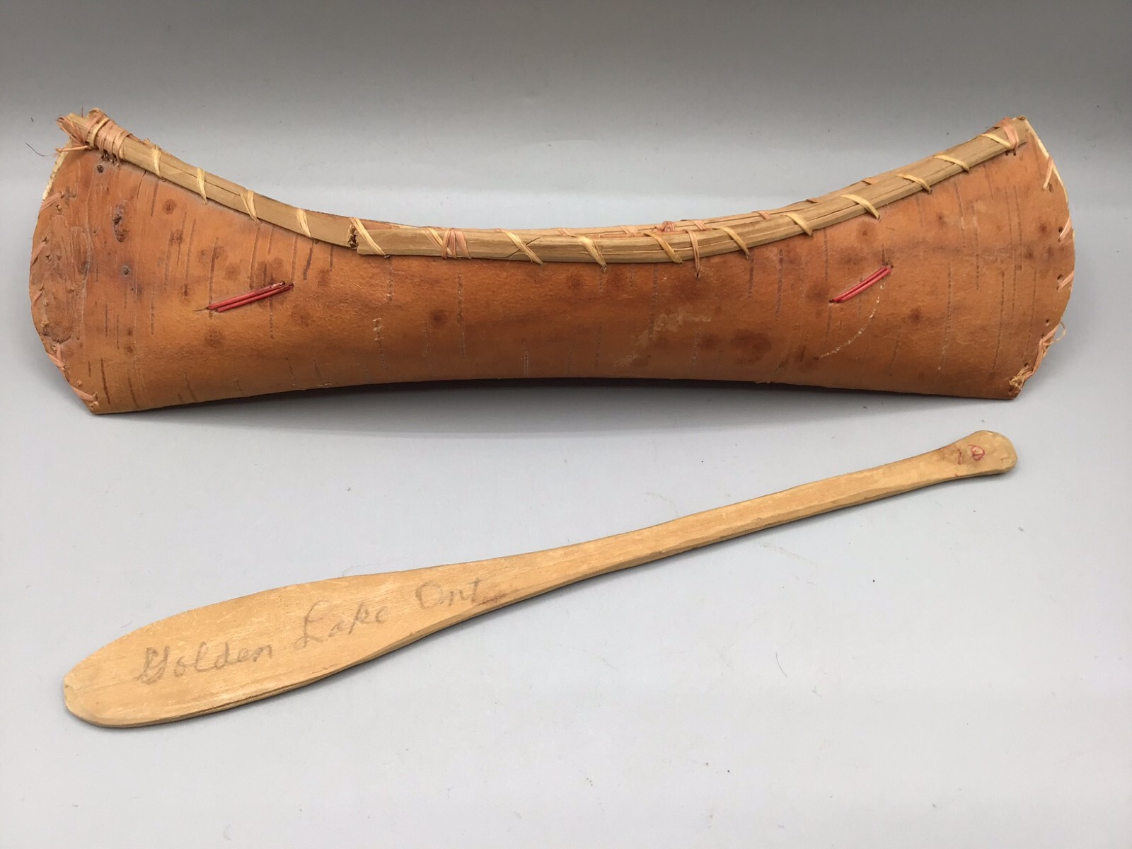vtg birchbark canoe 12" quill decorated & signed 10" oar paddle Golden